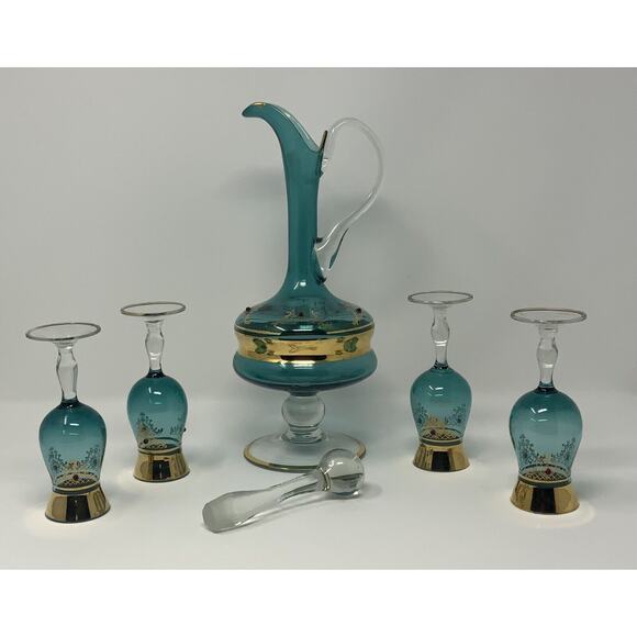 Vintage Murano Aqua Blue Gold Jewels Mid-Century Modern Decanter 4 Glasses Italy - Picture 1 of 12